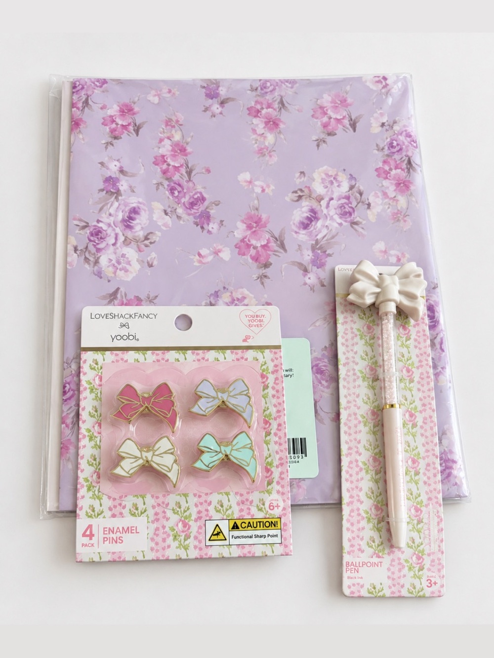 LoveShackFancy Poly Folders 2 pack, Bow Enamel Pins Pink Bow Pen Set